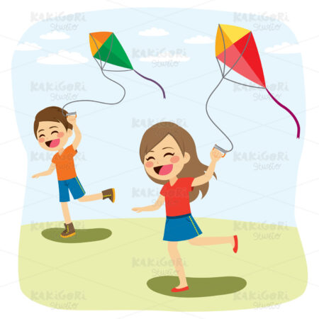 Children Playing Kite Clipart Vector Illustration 03672