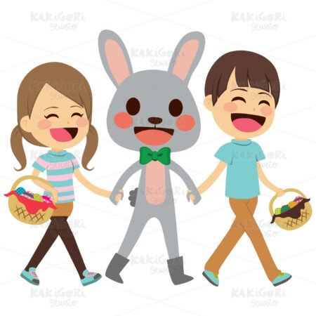 Children Walking Easter Bunny Clipart Vector Illustration 03877