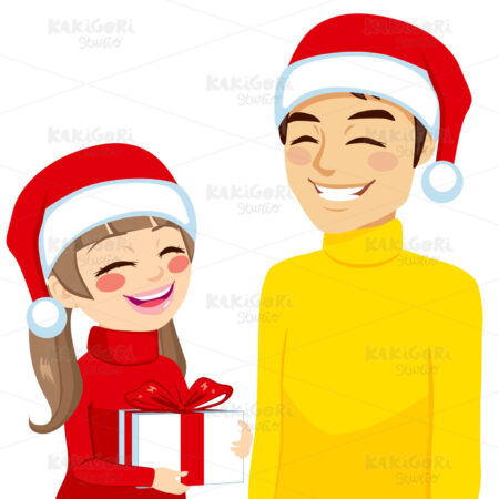 Christmas Daughter Dad With Gift Clipart Vector Illustration 02481