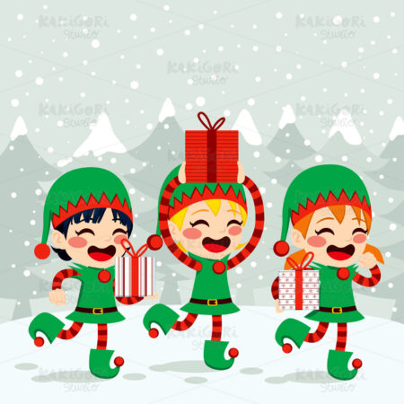 Christmas Elves Carrying Presents Clipart Vector Illustration 01875