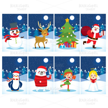 Christmas Postcards Characters Clipart Vector Illustration 04418
