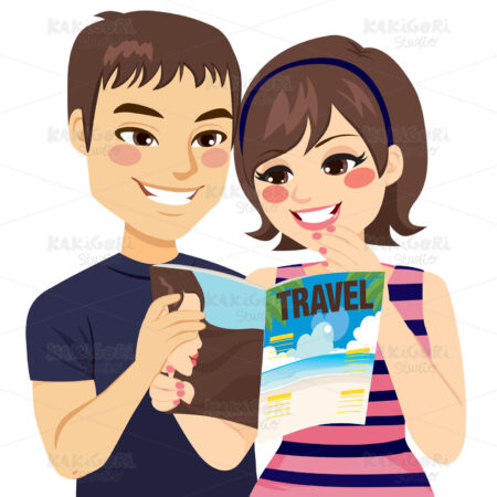 Couple Reading Travel Magazine Clipart Vector Illustration 03171