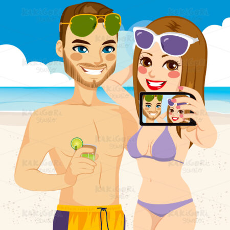 Couple Selfie Beach Clipart Vector Illustration 02617