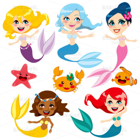 Cute Colorful Mermaids Clipart Vector Illustration 00939