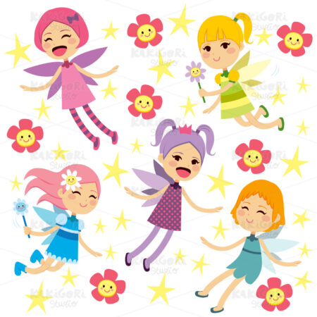 Cute Fairies Flying Collection Clipart Vector Illustration 02247