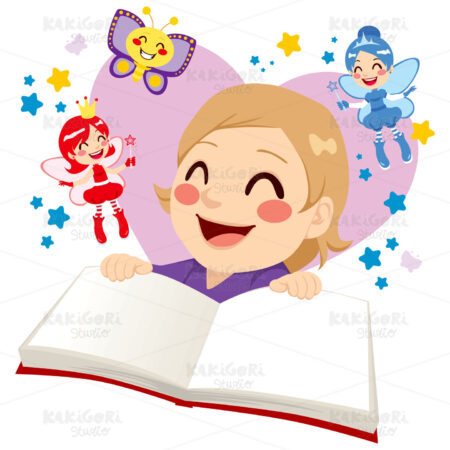 Cute Girl Reading Fairy Tale Clipart Vector Illustration 01154