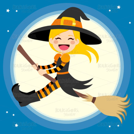Cute Witch Flying With Broom Clipart Vector Illustration 02308