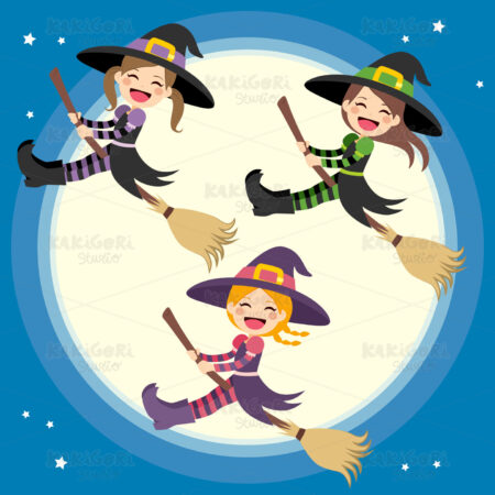 Cute Witches Group Flying Clipart Vector Illustration 02309