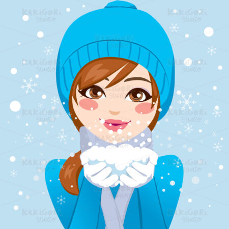 Cute Woman Blowing Snowflakes Clipart Vector Illustration 01340