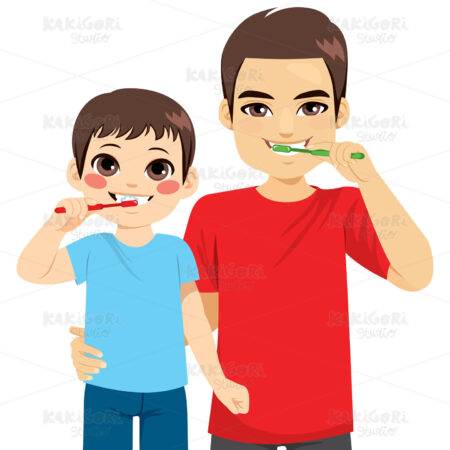 Dad Son Brushing Teeth Clipart Vector Illustration 04751