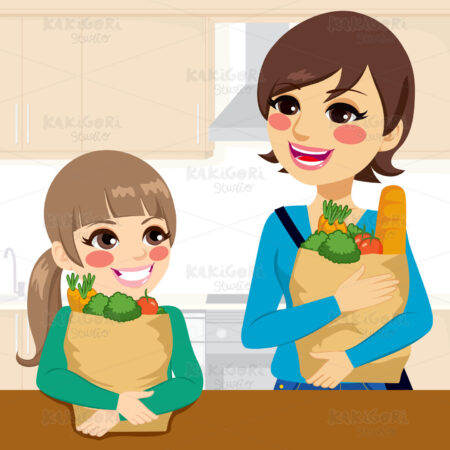 Daughter Helping Mother Carrying Groceries Clipart Vector Illustration 02304
