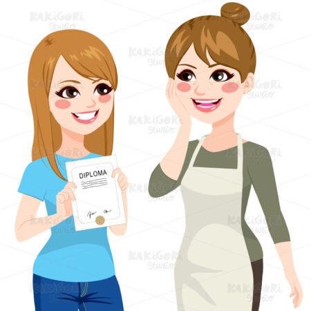 Daughter Showing Diploma To Mother Clipart Vector Illustration 02228
