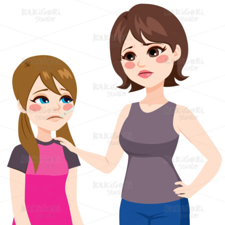 Daughter With Thermometer And Mother Clipart Vector Illustration 02276