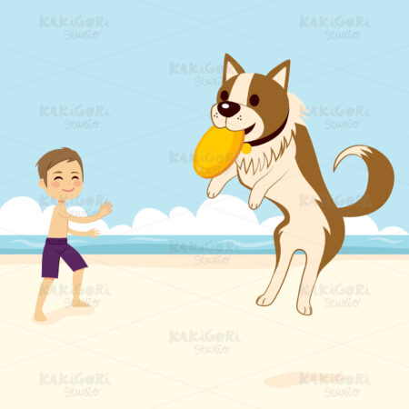 Dog Catching Flying Disk Clipart Vector Illustration 02241