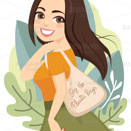 Eco Green Cotton Bag Woman Clipart Vector Illustration 05023
