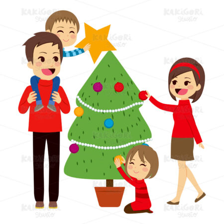 Family Decorating Christmas Tree Clipart Vector Illustration 02398
