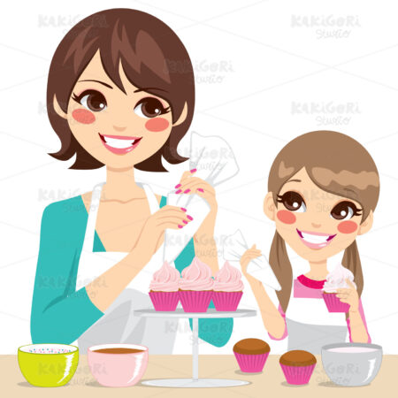Family Decorating Cupcakes Clipart Vector Illustration 01342