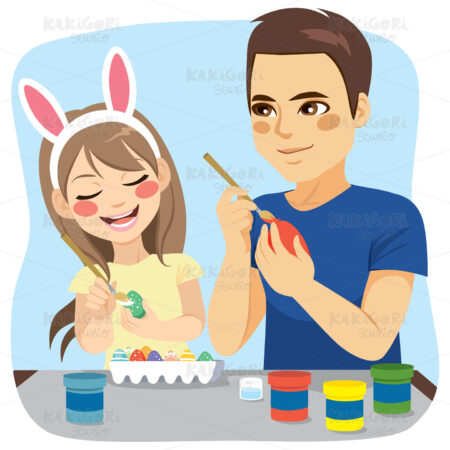 Family Painting Easter Eggs Clipart Vector Illustration 04026
