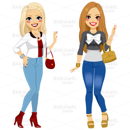 Fashionable Girl Friends Clipart Vector Illustration 02081