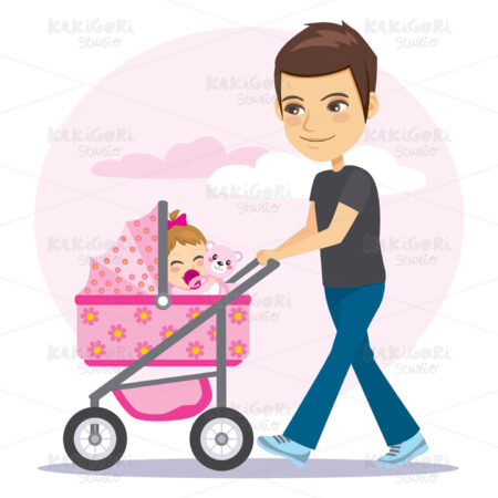 Father Pushing Pink Baby Pram Clipart Vector Illustration 04686