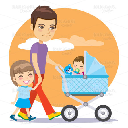 Father With Girl Pushing Pram Clipart Vector Illustration 04687