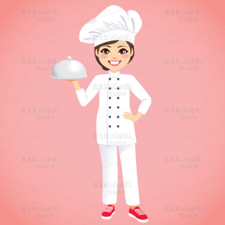 Female Chef Holding Silver Tray Clipart Vector Illustration 04466