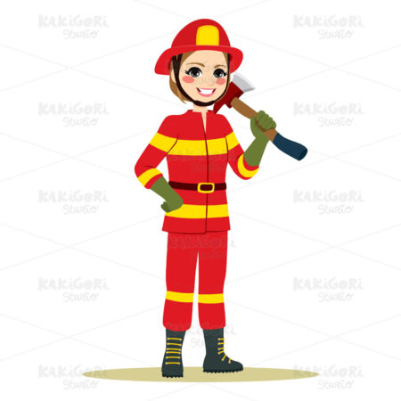 Female Firefighter Holding Axe Clipart Vector Illustration 04165