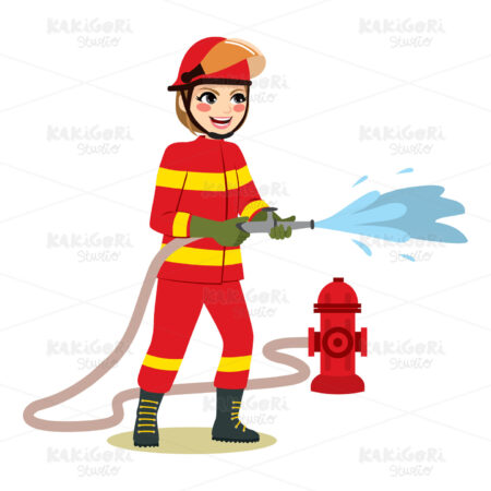 Female Firefighter Holding Hose Clipart Vector Illustration 04166