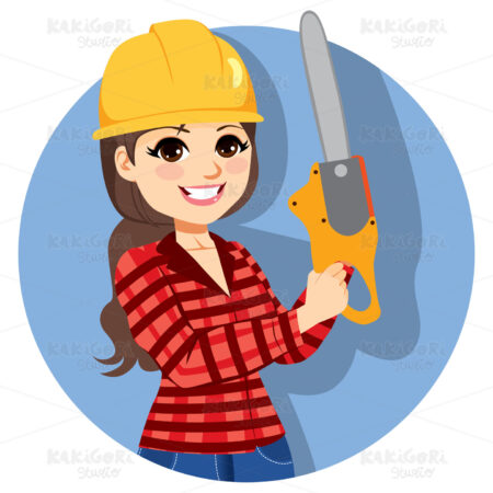 Female Lumberjack Holding Chainsaw Clipart Vector Illustration 04568