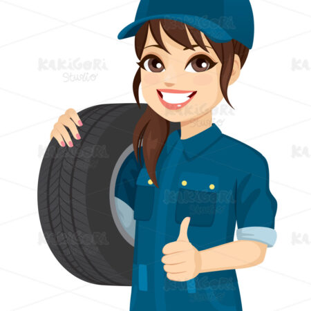 Female Mechanic Holding Tire Wheel Clipart Vector Illustration 04932