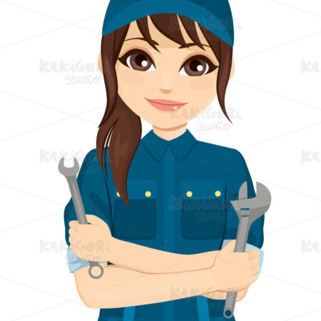 Female Mechanic Holding Tools Clipart Vector Illustration 04931
