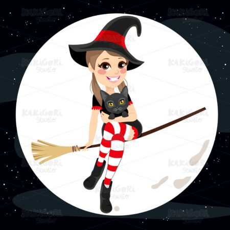 Flying Teenager Witch Cat Clipart Vector Illustration 03063