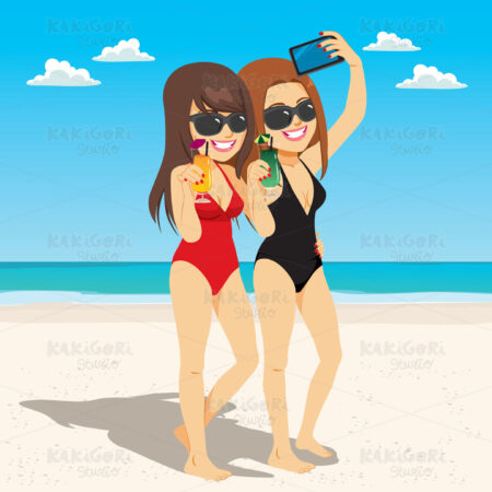 Friends Selfie Beach Clipart Vector Illustration 03600