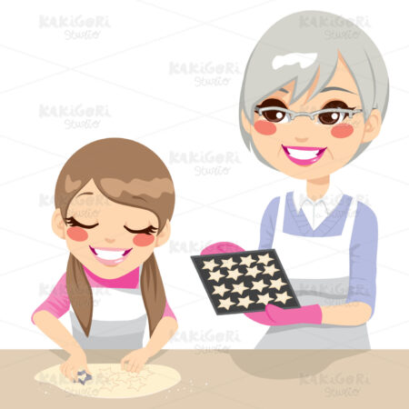 Girl and Grandmother Making Cookies Clipart Vector Illustration 01337