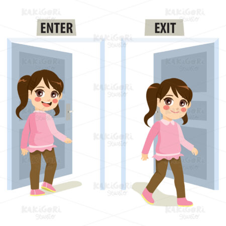 Girl Enter Exit Door Clipart Vector Illustration 03540