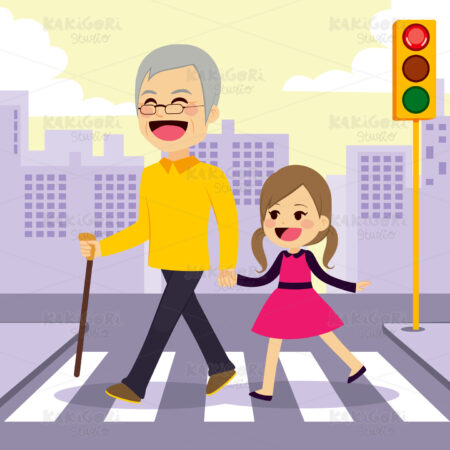 Girl Helps Grandfather Crosswalking Clipart Vector Illustration 02756