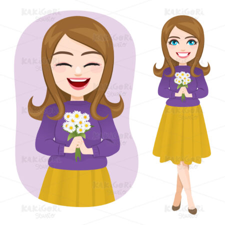 Girl Holding Daisy Flowers Bouquet Clipart Vector Illustration 04745
