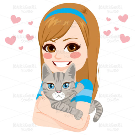 Girl Hugging Cat Clipart Vector Illustration 02851
