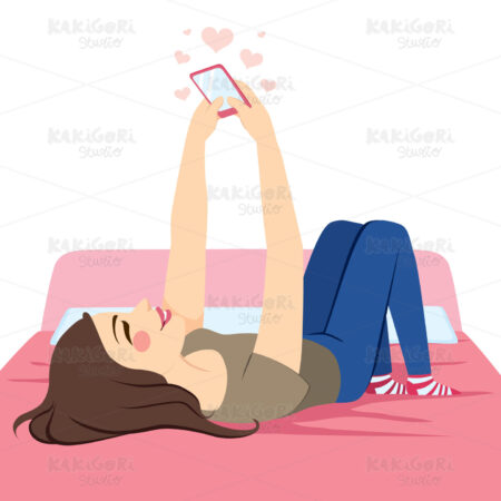 Girl Lying Bed Using Smartphone Clipart Vector Illustration 04130