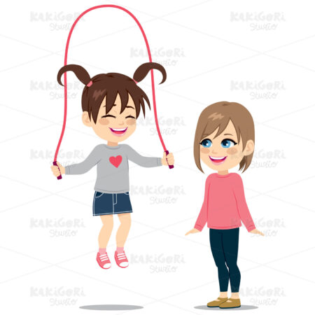 Girl Playing Rope With Friend Clipart Vector Illustration 02500