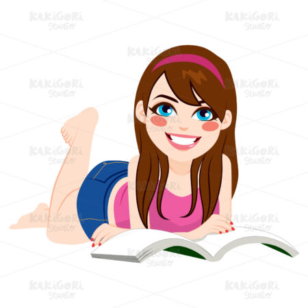 Girl Reading Book Lying Down Clipart Vector Illustration 02359