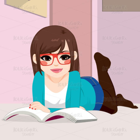 Girl Reading Book Lying Down Clipart Vector Illustration 02360