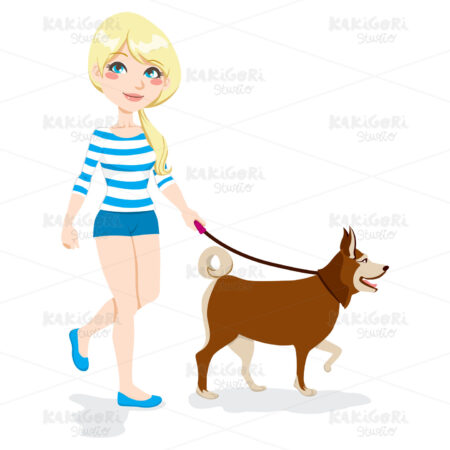 Girl Walking Dog Clipart Vector Illustration 00941