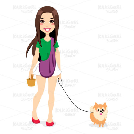 Girl Walking Little Pomeranian Clipart Vector Illustration 00943