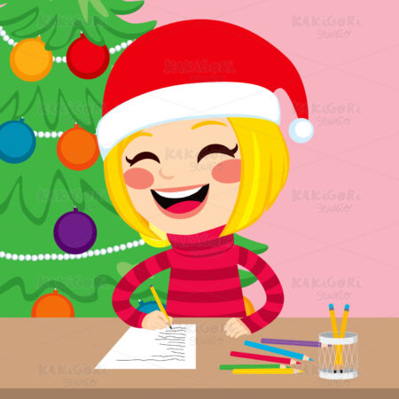Girl Writing Christmas Wishlist Presents Clipart Vector Illustration 01754