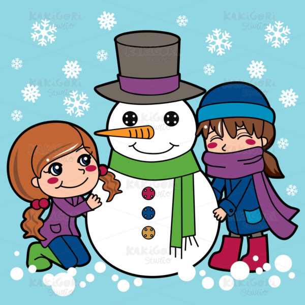 Girls Making Snowman Clipart Vector Illustration 00097