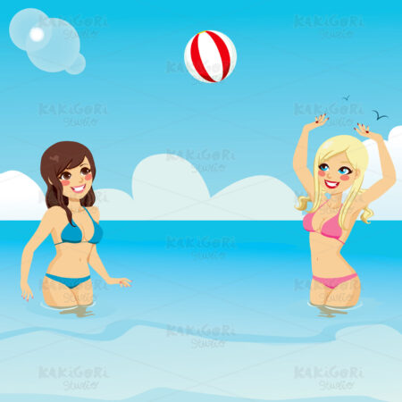 Girls Playing Beach Ball Clipart Vector Illustration 01470