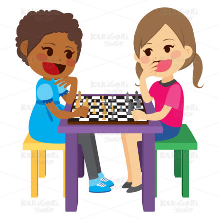 Girls Playing Chess Clipart Vector Illustration 03445