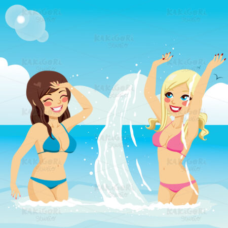 Girls Playing Splattering Water Clipart Vector Illustration 01508