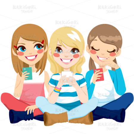 Girls Sitting Using Smartphone Clipart Vector Illustration 01659